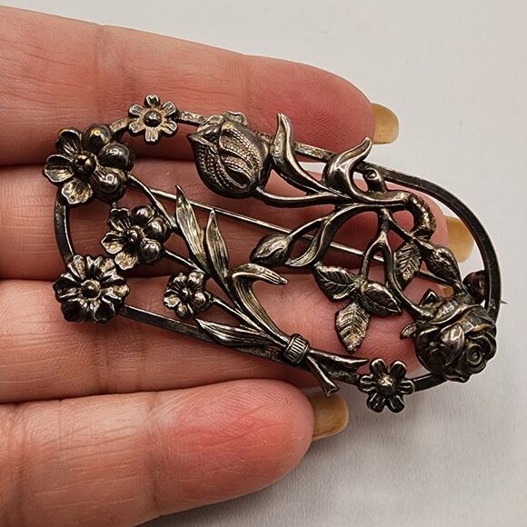 Vintage Art Nouveau Revival Floral Brooch Silver Tone Rose Tulip Bar Pin 1930s - Picture 7 of 8